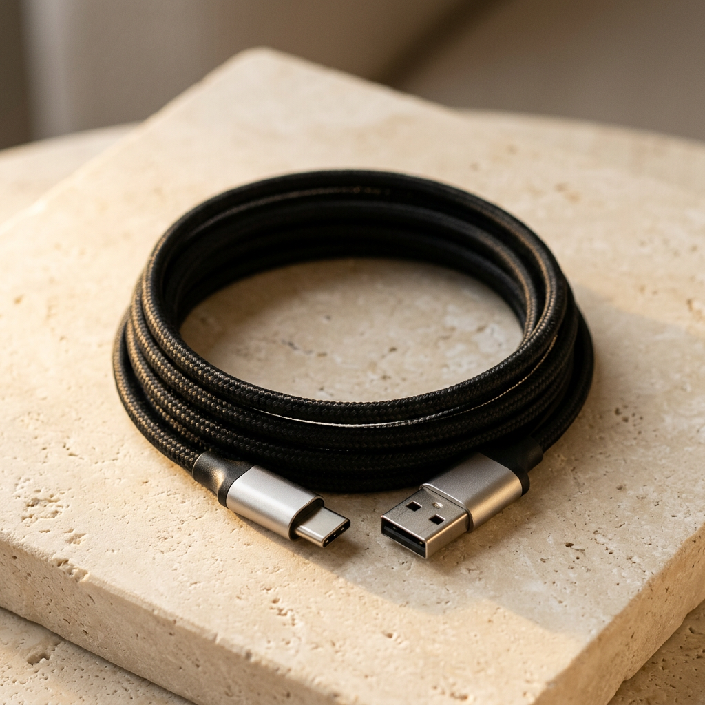 A black USB charging cable arranged on a warm cream surface