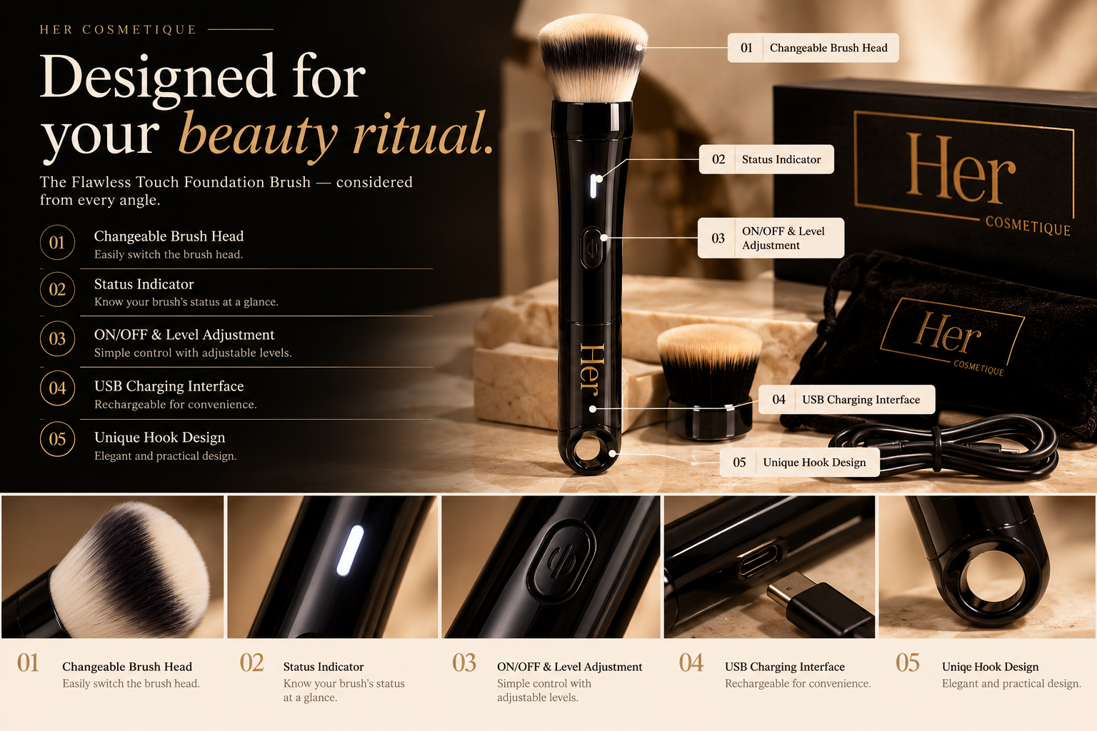 Her Cosmetique Flawless Touch Foundation Brush feature infographic: a branded black brush with labels for changeable brush head, status indicator, ON/OFF and level adjustment, USB charging interface, and unique hook design, plus product close-ups