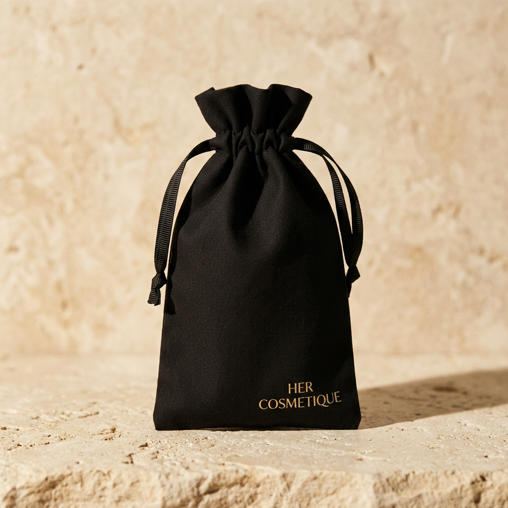 A black Her Cosmetique storage pouch