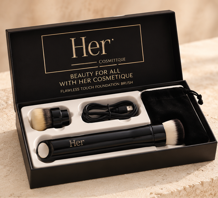 The complete black Her Cosmetique presentation box and its brush, interchangeable head, charging cable and storage pouch