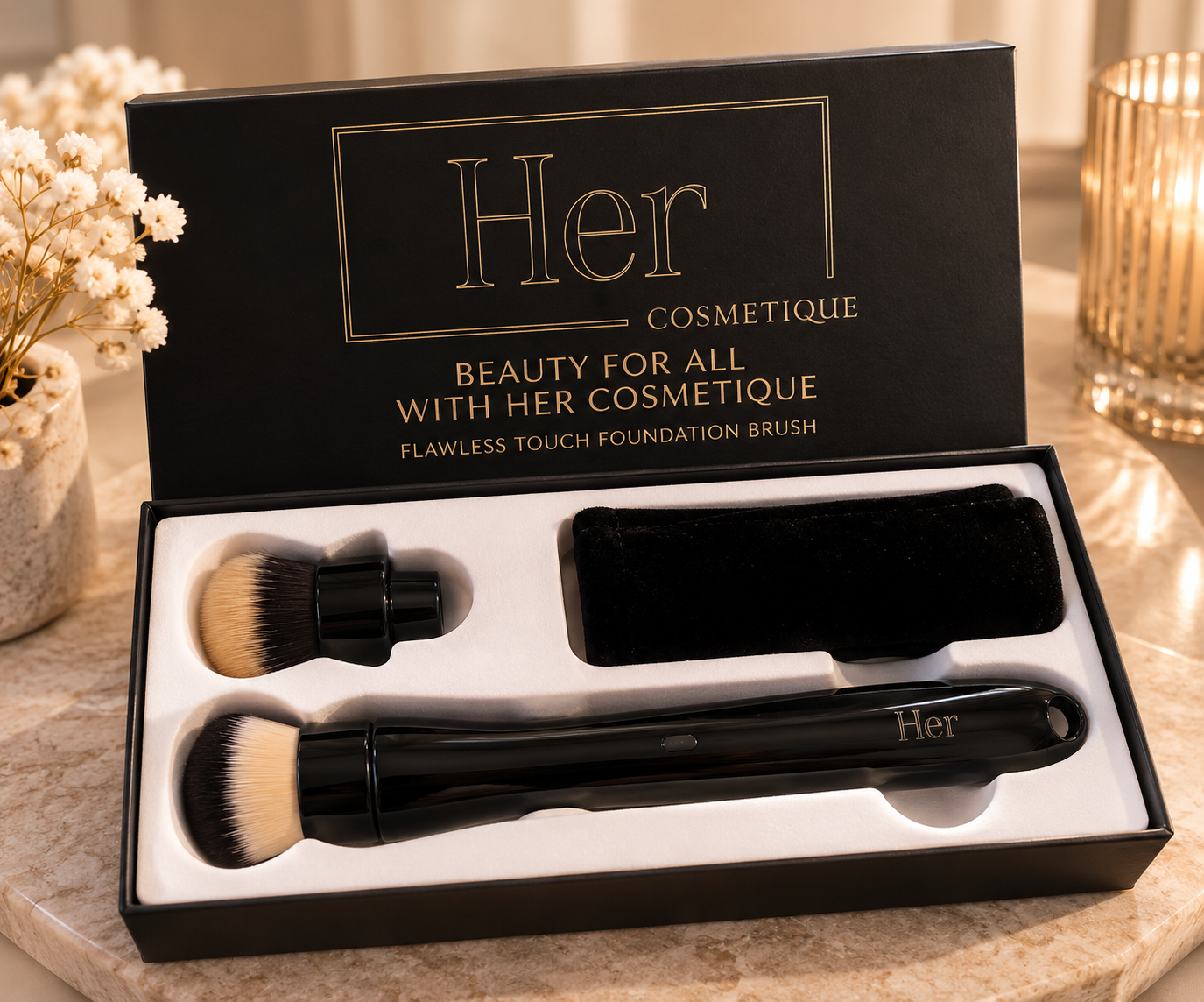 The black Her Cosmetique Flawless Touch Foundation Brush with visible gold Her branding, displayed in its branded black presentation box with interchangeable brush head
